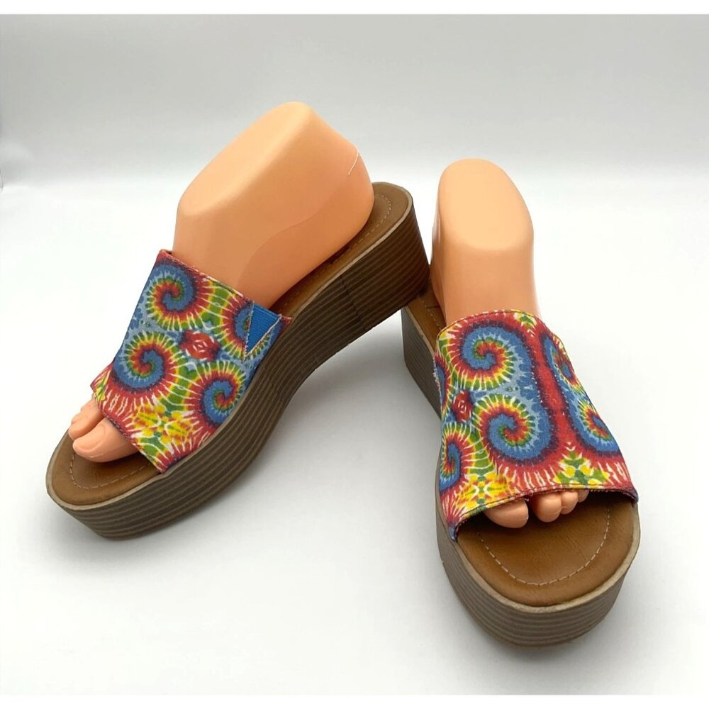 Blowfish Malibu Tie Dye Embroidered Logo Canvas Platform Slide Sandals 8.5 NWT
